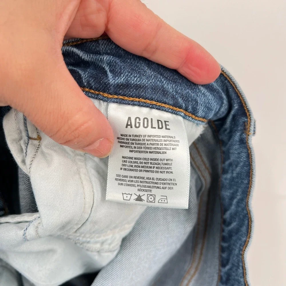 AGOLDE Toni Slim Straight‎ Jeans Womens Blue Distressed Chewed Hem 28
